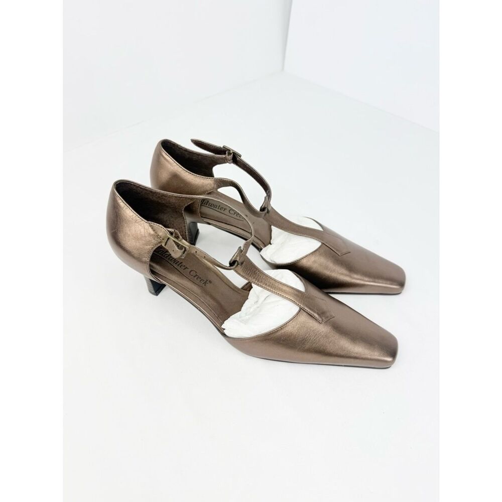 Coldwater Creek Bronze Metallic T Strap Pointed Square Toe Kitten Heel Pumps NEW - Picture 6 of 16